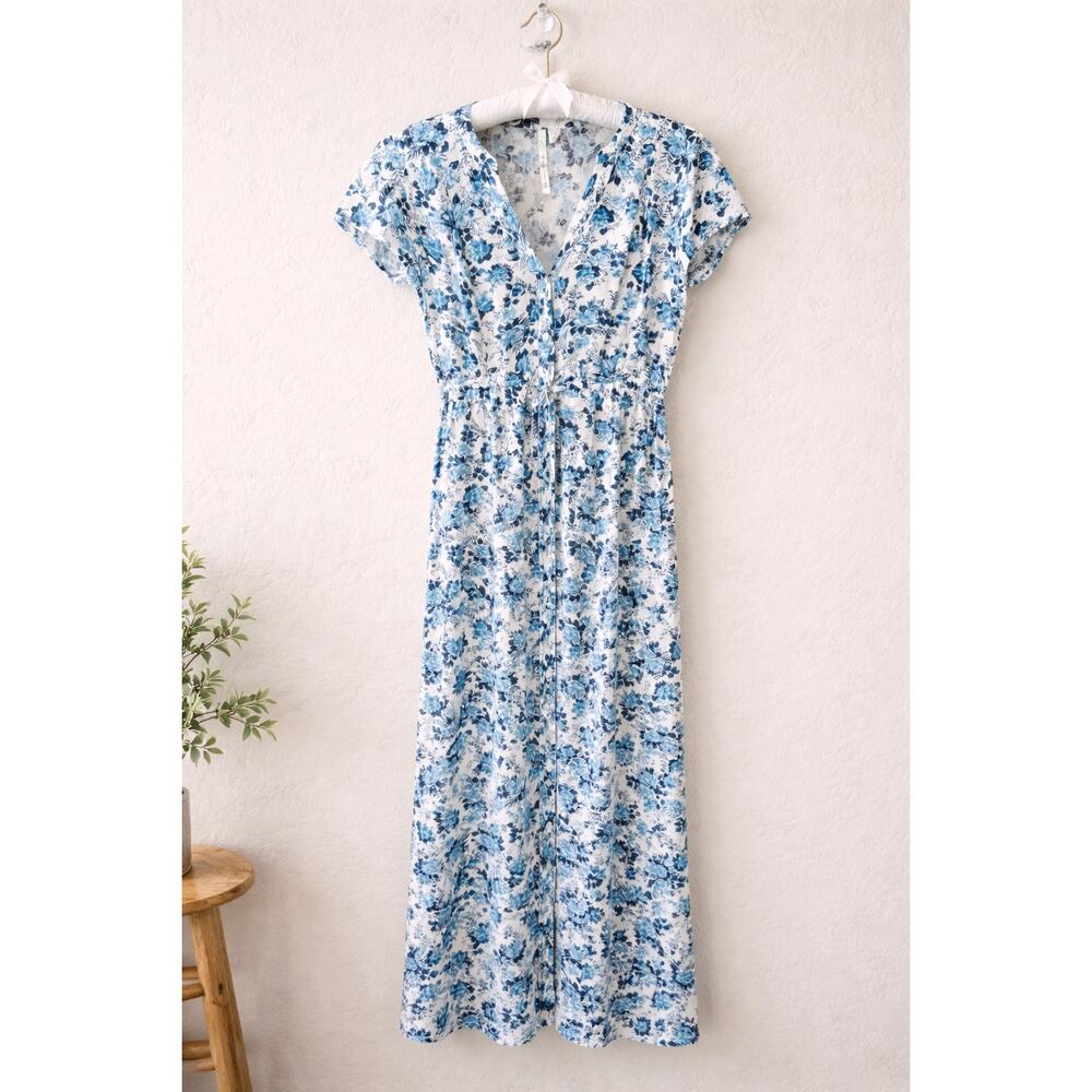 LAUREN CONRAD Blue White Floral Short Sleeve Midi Dress Cottagecore Boho Small